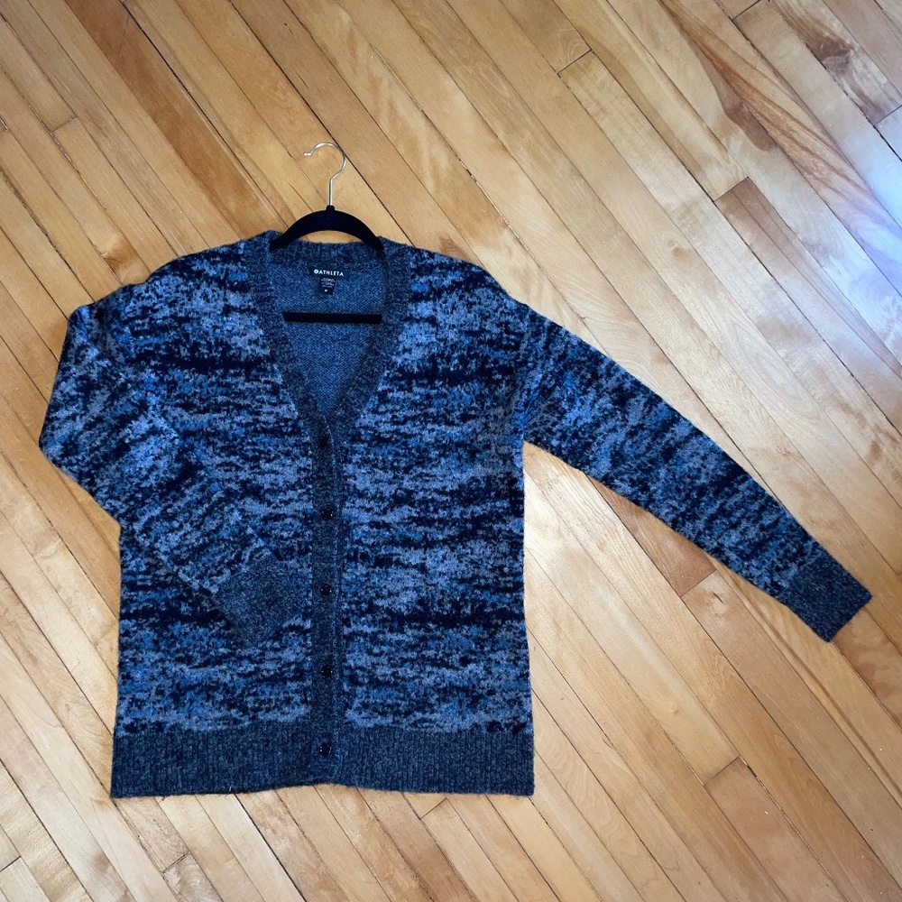 ATHLETA Westlake Cardigan Sweater Merino Wool Fog Camo Blue Loungewear Casual